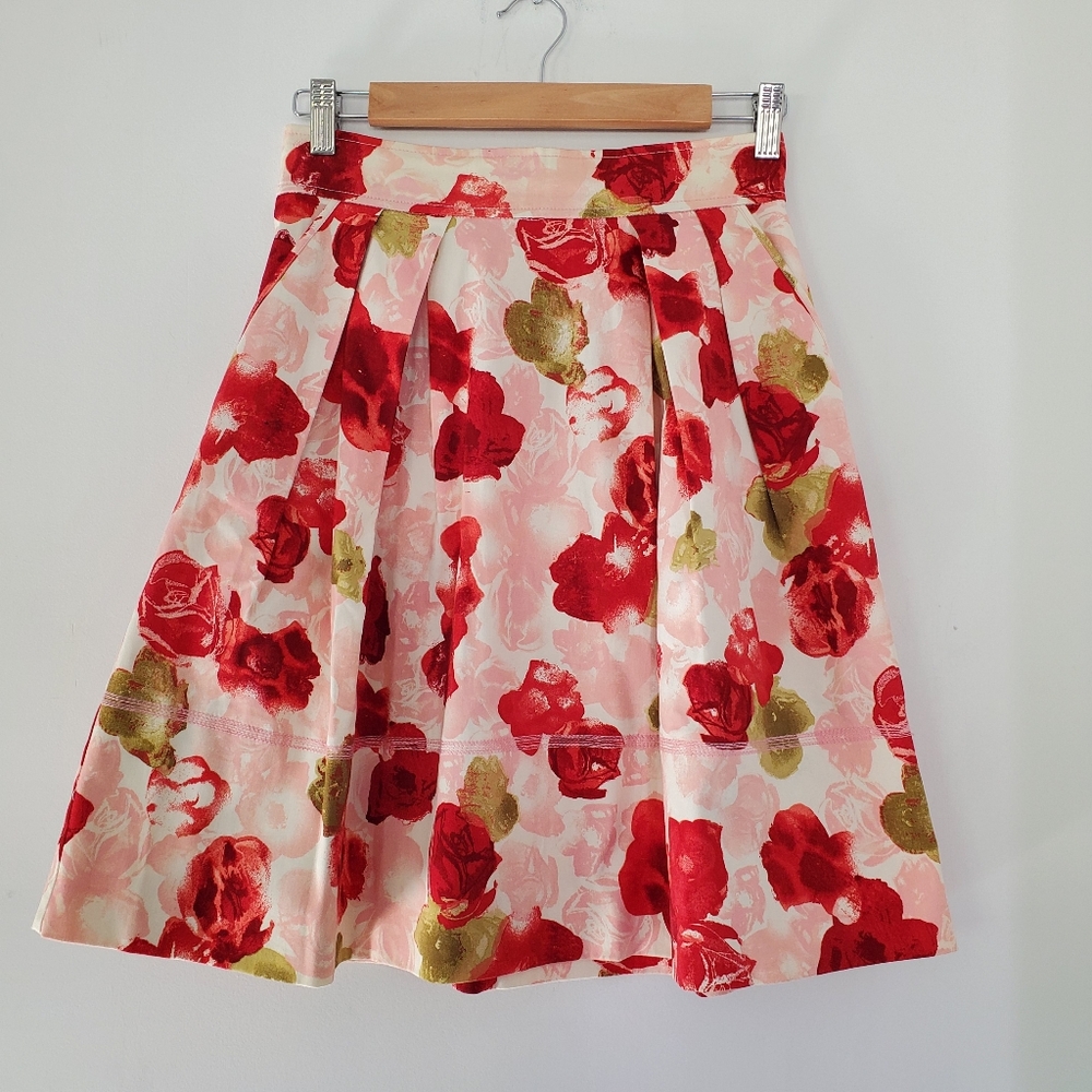 BB DAKOTA 4 Pink Cream Red Green Floral A-line Skirt Pleats Retro Valentine Day